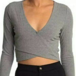 NWT Sophie Rue Women's Gray Long Sleeve Ribbed Surplice Neck Cut Out Crop Top
